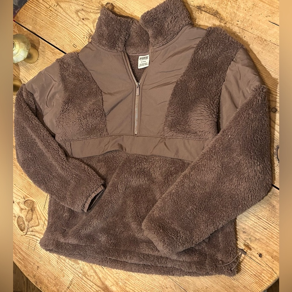 Victorias Secret Pink Brown Fuzzy Quarter-Zip Pullover Medium